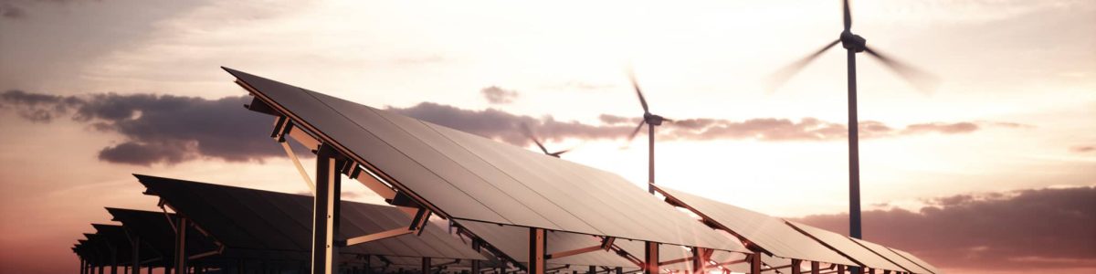 Modern and futuristic aesthetic black solar panels of large photovoltaic power station with wind turbines in background in warm sunset light. 3d rendering. Modern and futuristic aesthetic black solar panels of large photovoltaic power station with wind turbines in background in warm sunset light. 3d rendering.