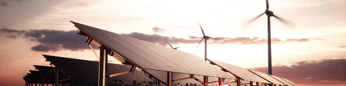 Modern and futuristic aesthetic black solar panels of large photovoltaic power station with wind turbines in background in warm sunset light. 3d rendering.